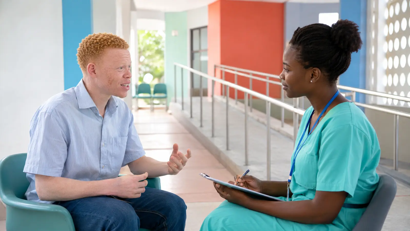 A health professional supporting a Ugandan patient in an accessible care setting