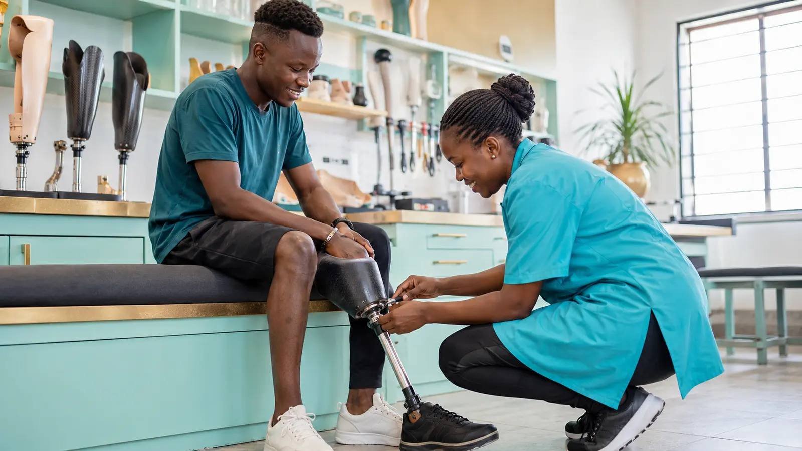 A Ugandan person using assistive technology with support from a service professional