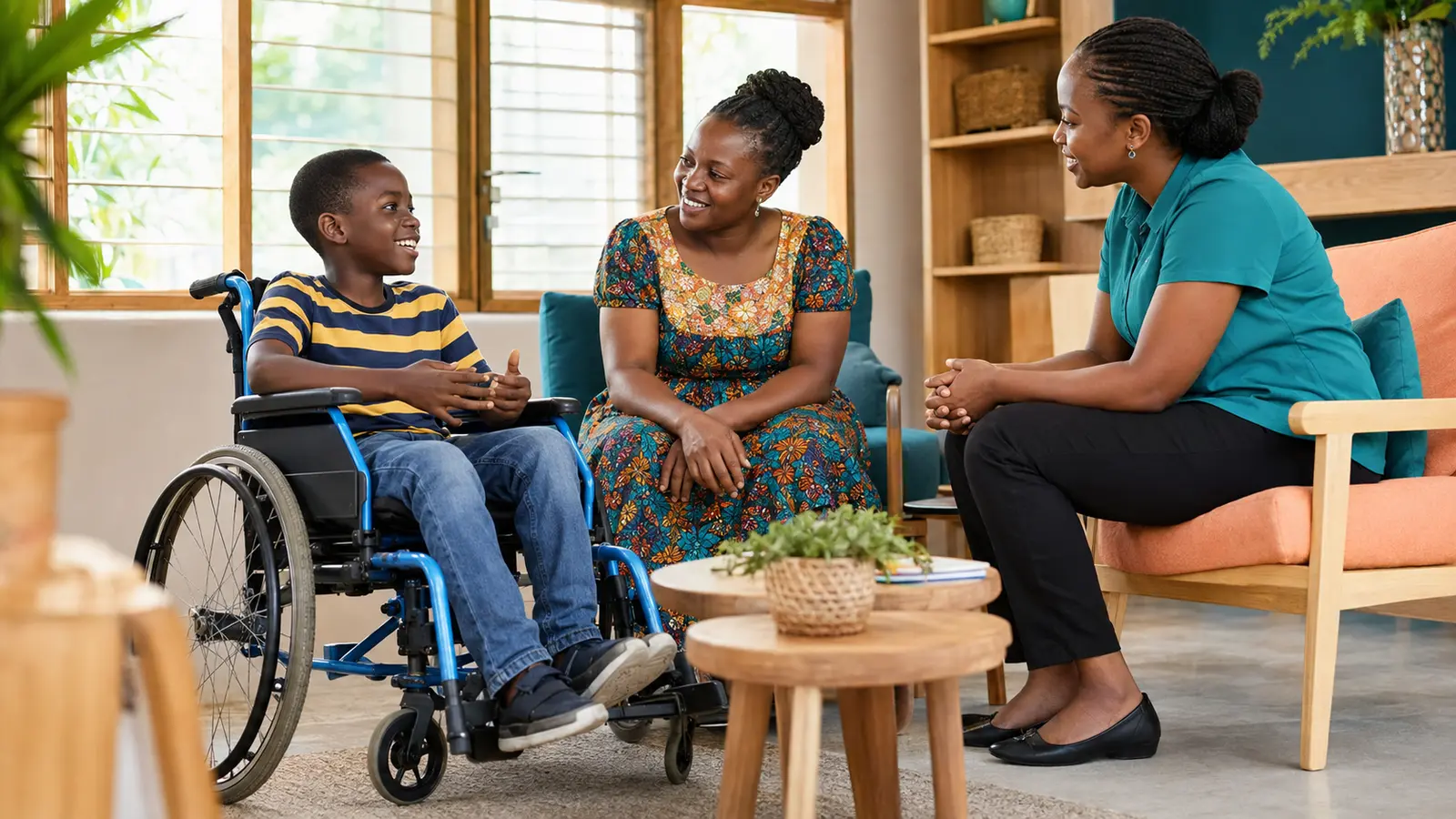 A Black African family supporting a child with a disability in a Ugandan community setting