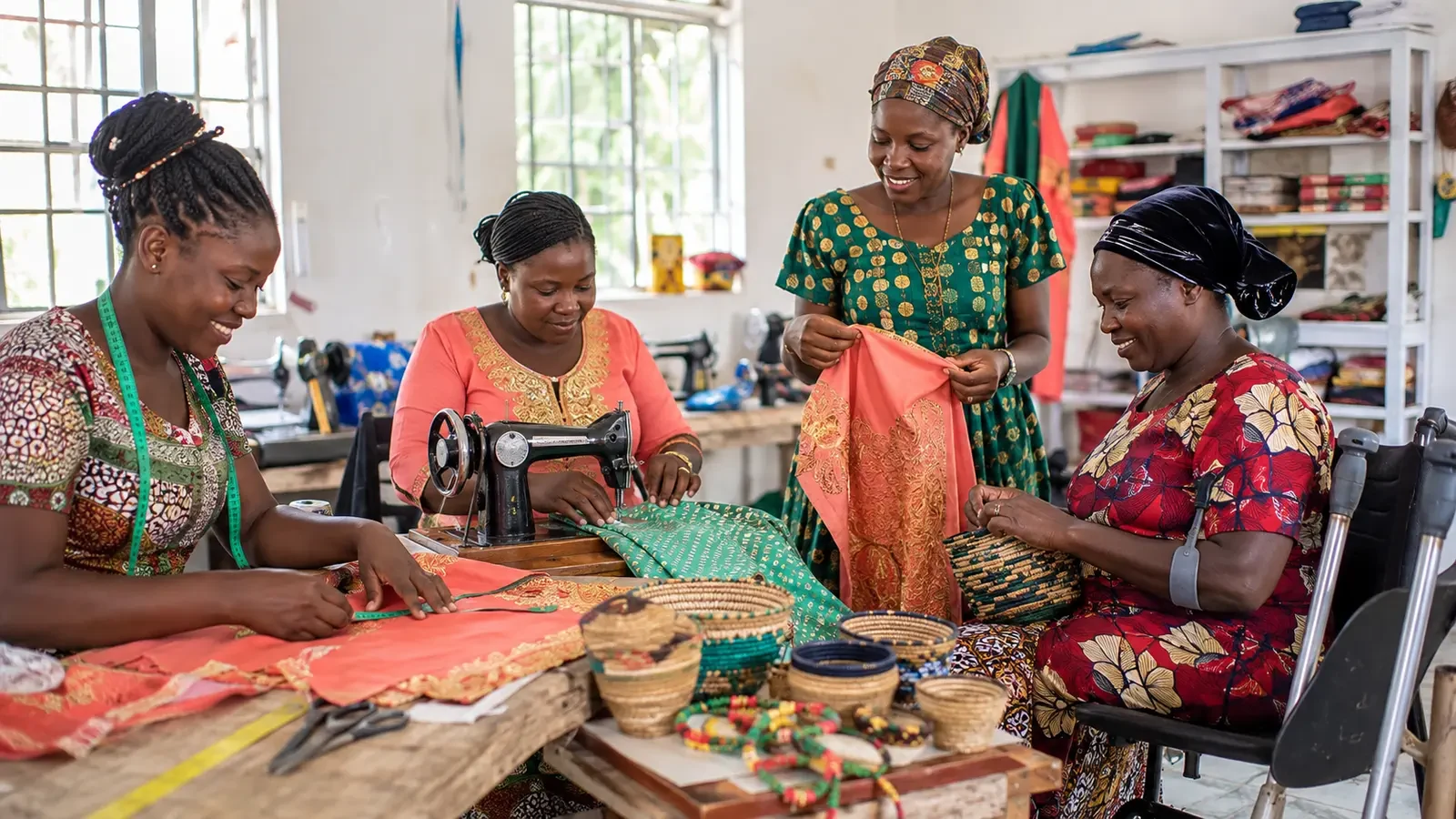 Black Ugandan women, including a wheelchair user, working together in an inclusive livelihood activity