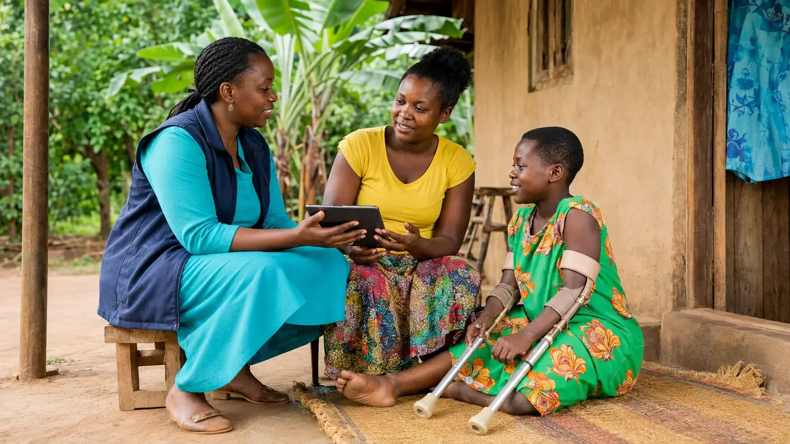 A Black Ugandan community navigator discussing practical next steps with a woman and child