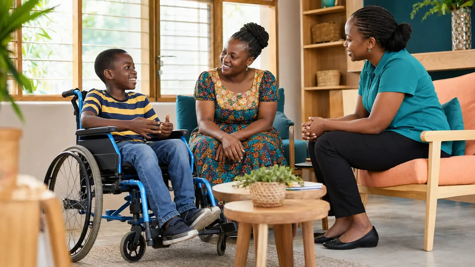 A Black Ugandan child using a wheelchair speaking with a family member and support professional