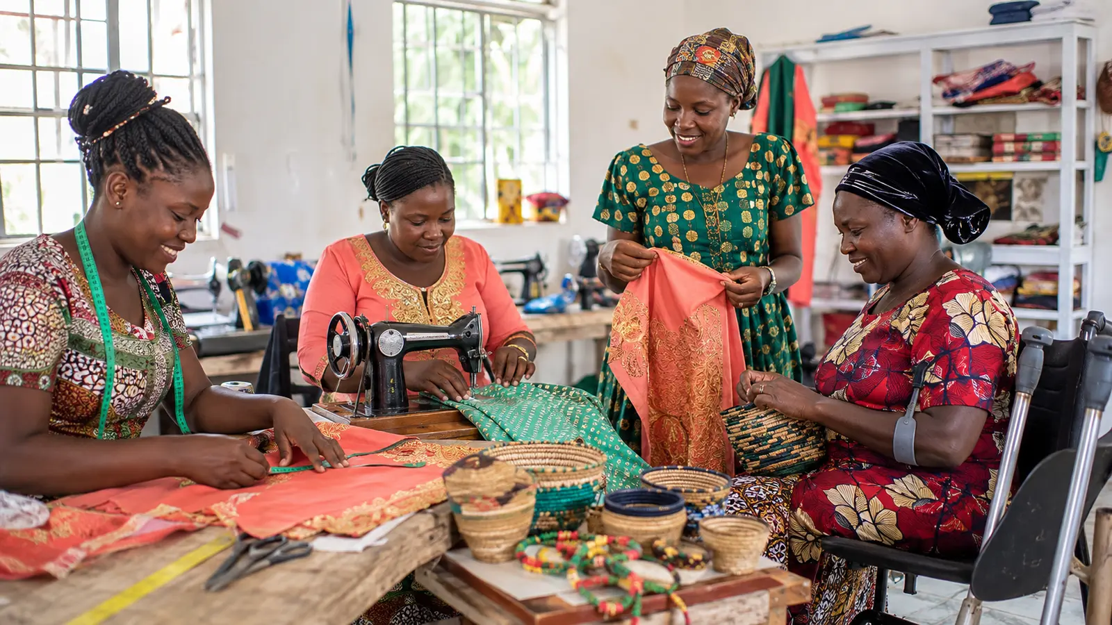 Black African women working together on an inclusive livelihood activity in Uganda